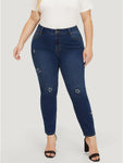 Very Stretchy High Rise Medium Wash Star Embroidery Jeans