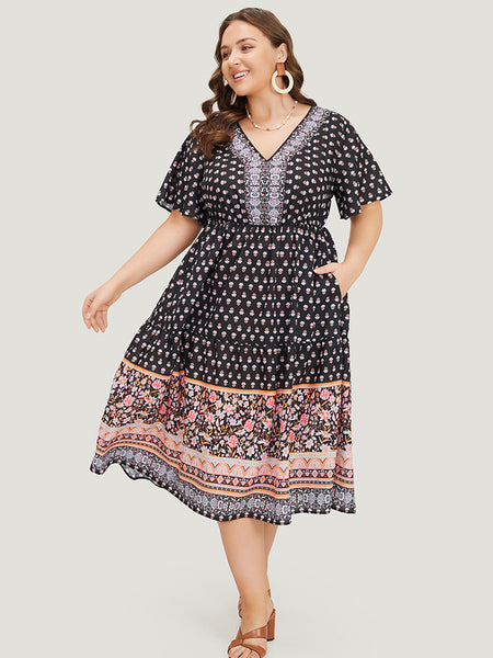 General Print Pocketed Gathered Dress With Ruffles