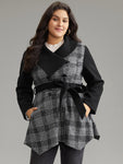 Plaid Belted Lapel Collar Button Up Coat