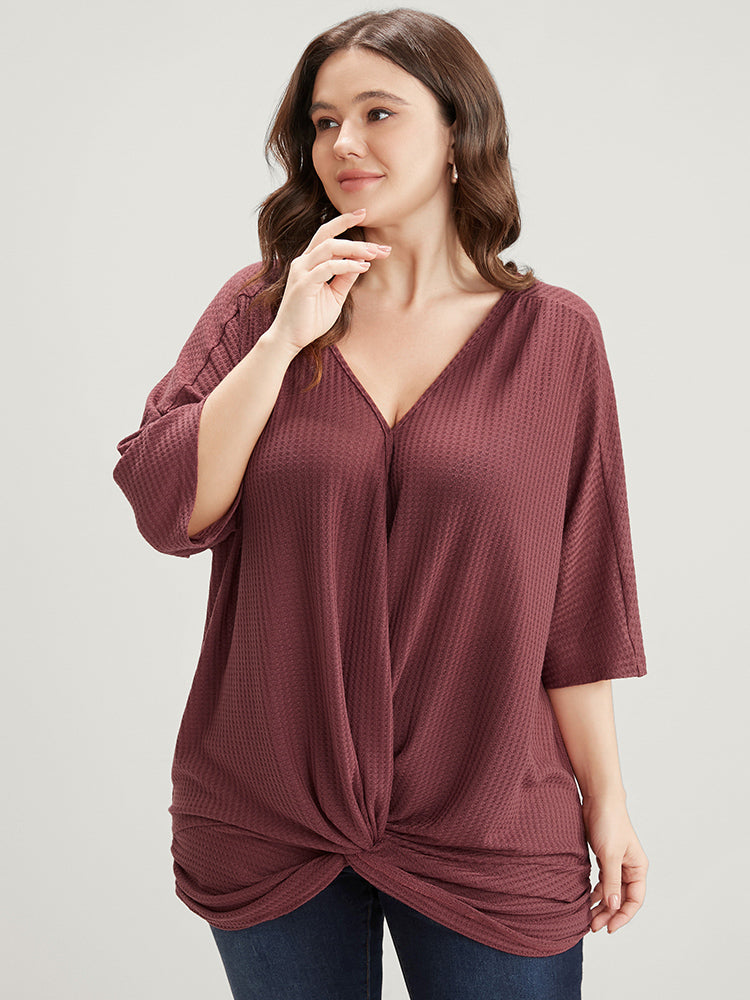 

Plus Size Women Dailywear Plain Twist-front Dolman Sleeve Three Quater Length Sleeve V Neck Elegance T-shirts BloomChic, Red-violet