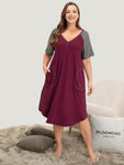 Contrast Patchwork Pocket Stitch Raglan Sleeve Night Dress