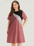 Striped Print Crew Neck Pocketed Colorblocking Dress