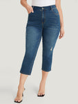 Very Stretchy High Rise Medium Wash Ripped Detail Cropped Jeans