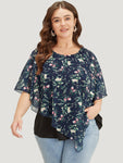 Floral Round Neck Mesh Asymmetrical Hem Blouse