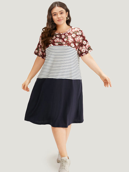 Striped Floral Print Pocketed Round Neck Dress