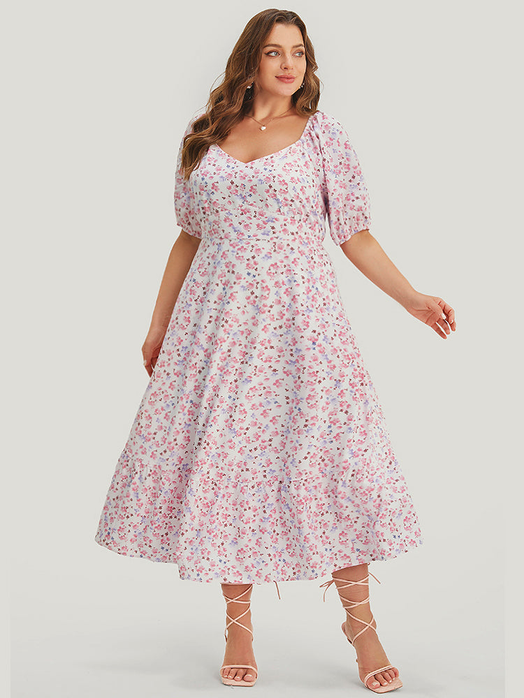 

Plus Size Women Dailywear Ditsy Floral Pocket Puff Sleeve Short Sleeve V Neck Pocket Elegance Dresses BloomChic, Misty rose