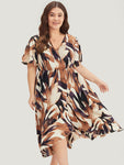 General Print Wrap Pocketed Dress With Ruffles