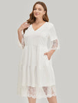 Pocketed Tiered Mesh Bell Sleeves Dress With Ruffles