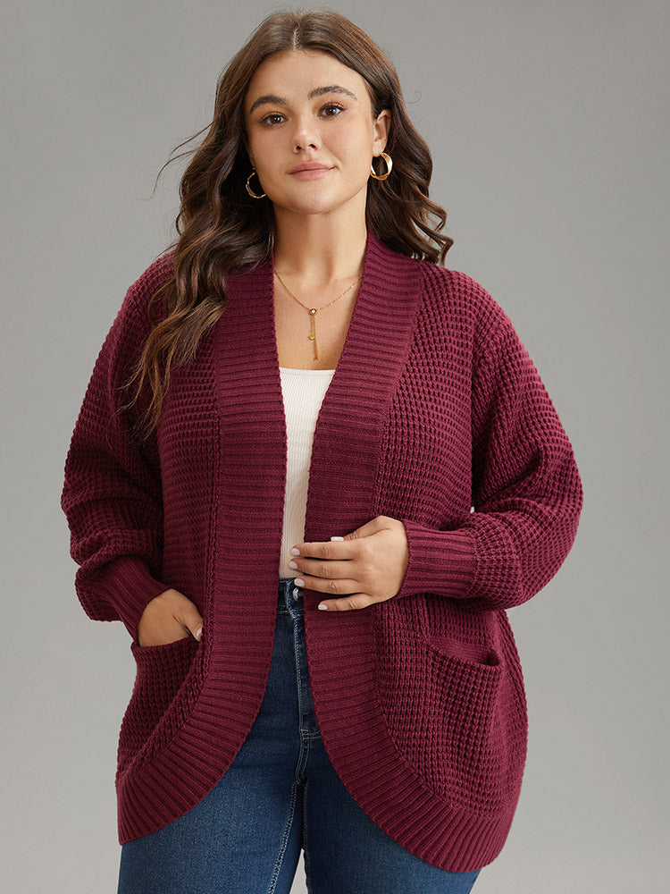 

Plus Size Cardigans | Plisse Patched Pocket Curved Hem Open Front Cardigan | BloomChic, Burgundy