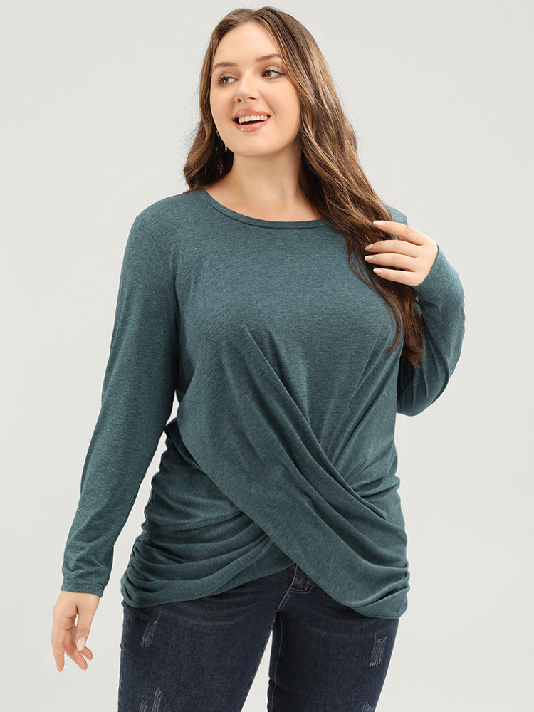 

Plus Size Women Dailywear Plain Twist-front Regular Sleeve Long Sleeve Round Neck Elegant T-shirts BloomChic, Teal
