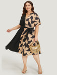 Notched Collar Belted Pocketed Geometric Print Dress