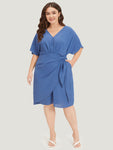 Solid Surplice Neck Gathered Twist Front Batwing Sleeve Dress