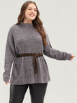 Solid Pointelle Knit Mock Neck Belted Heather Knit Top