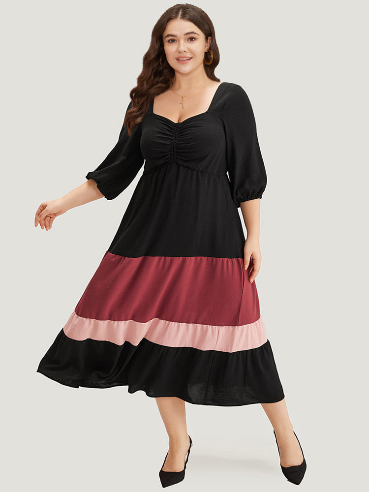 

Plus Size Women Dailywear Colorblock Gathered Regular Sleeve Half Sleeve Square Neck Pocket Elegance Dresses BloomChic, Black