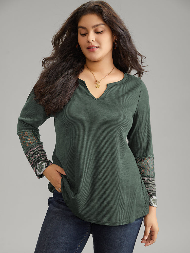 

Plus Size Women Dailywear Bohemian Print Texture Regular Sleeve Long Sleeve Notched collar Casual T-shirts BloomChic, Army green