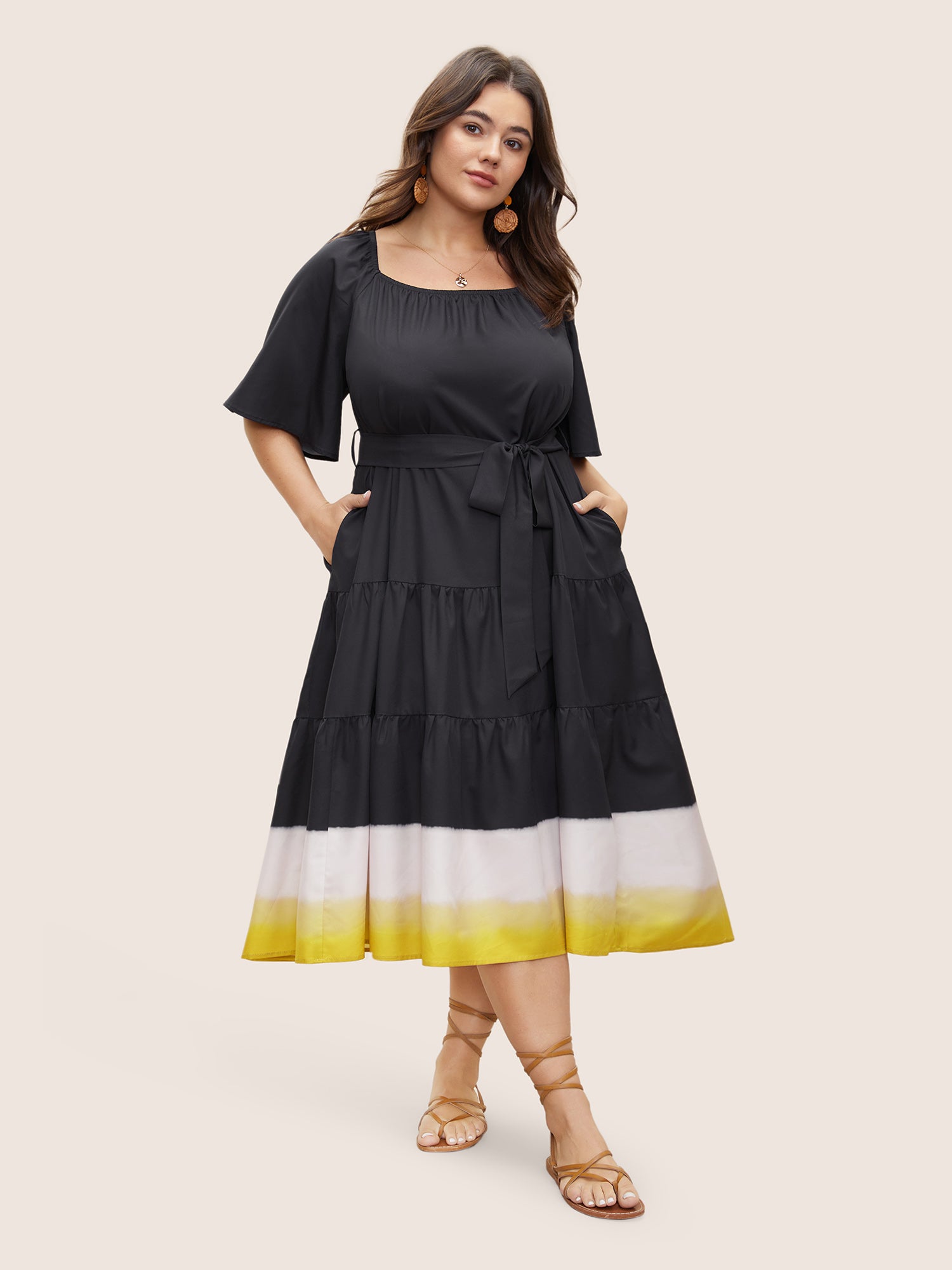 

Plus Size Women Vacation Ombre Contrast Regular Sleeve Half Sleeve Square Neck Pocket Belt Resort Dresses BloomChic, Black