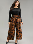Long Sleeves Animal Leopard Print Pocketed Belted Jumpsuit