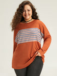 Halloween Striped Patchwork Round Neck Drop Shoulder T shirt