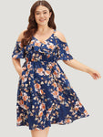 Elasticized Waistline Ruffle Trim Cold Shoulder Sleeves Floral Print Dress