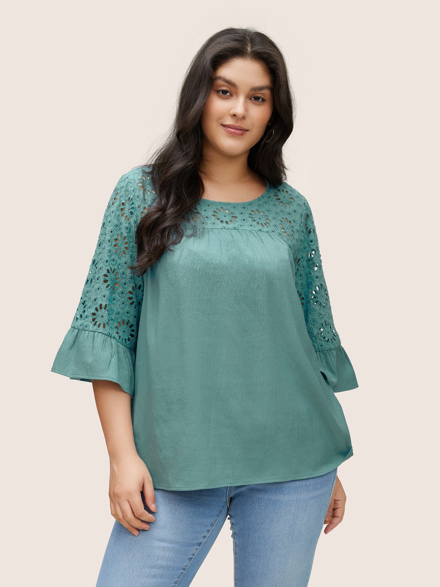 

Plus Size Women Everyday Plain Patchwork Ruffle Sleeve Elbow-length sleeve Round Neck Casual Blouses BloomChic, Mint