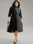 Elasticized Waistline Polka Dots Print Mock Neck Dress