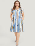 V-neck Cap Flutter Sleeves Pocketed Geometric Print Midi Dress