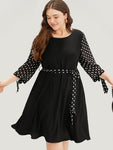 Belted Mesh Polka Dots Print Dress With a Bow(s)