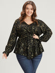 Star Print Lantern Sleeve Asymmetrical Ruffles Hem Wrap Blouse