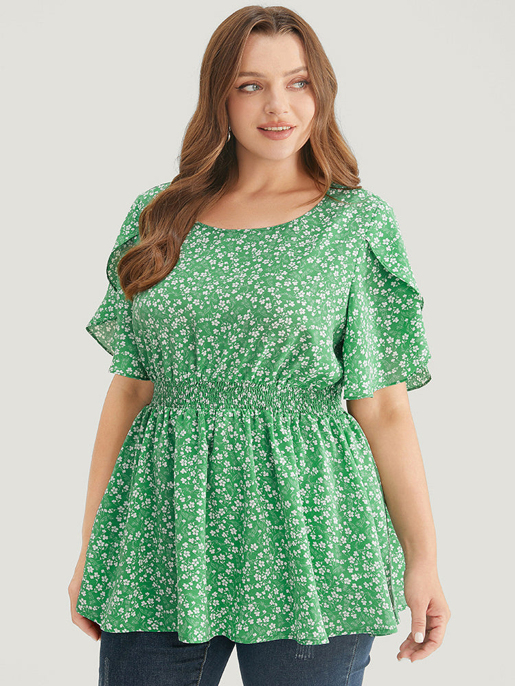 

Plus Size Women Dailywear Ditsy Floral Shirred Ruffle Sleeve Short Sleeve Round Neck Elegance Blouses BloomChic, Mint