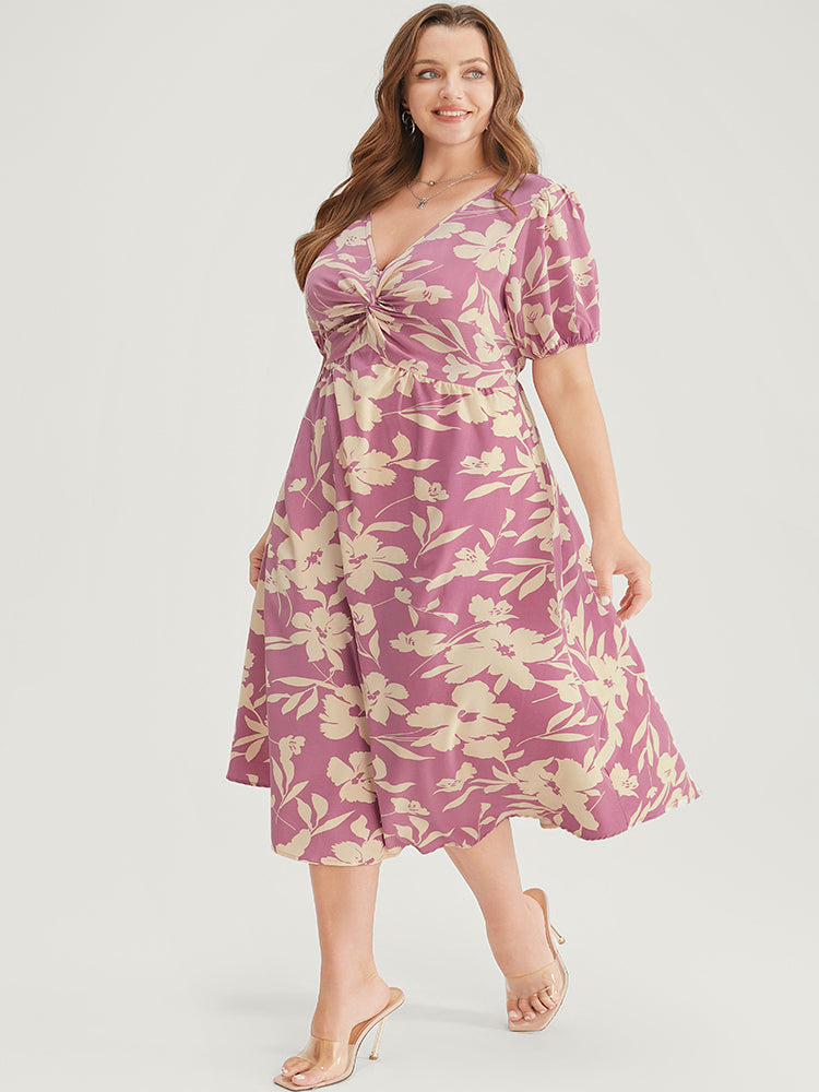 

Plus Size Women Dailywear Floral Twist-front Puff Sleeve Short Sleeve V Neck Pocket Elegance Dresses BloomChic, Pink