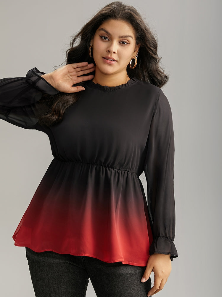 

Plus Size Women Party Ombre Frill Trim Lantern Sleeve Long Sleeve Round Neck Cocktail Blouses BloomChic, Black