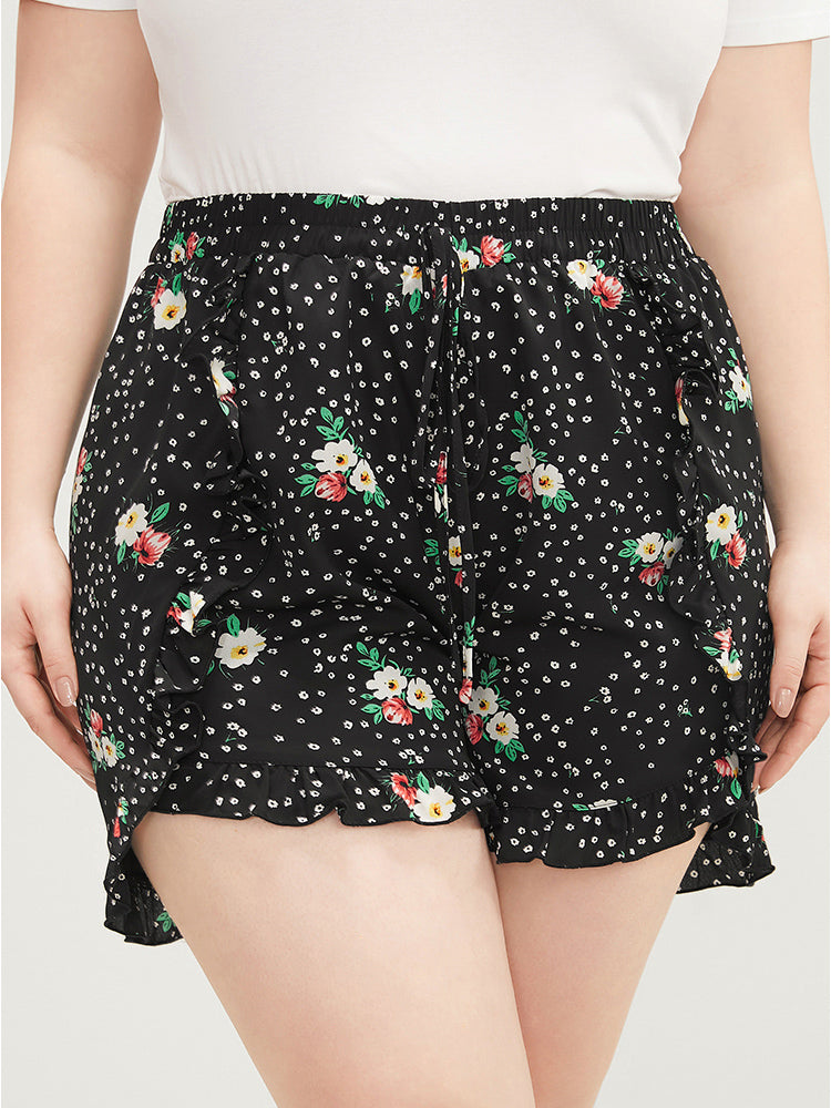 

Plus Size Women Dailywear Ditsy Floral Elastic Waist High Rise Elegance Shorts BloomChic, Black