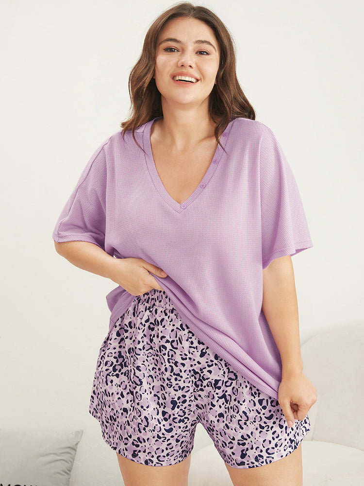 

Plain Dolman Sleeve Button Detail Waffle Knit Sleep Top BloomChic, Lilac