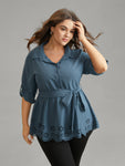 Static free Laser Cut Belted Scalloped Trim Blouse