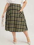 Plaid Patched Pocket Button Up Skirt