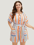 Belted Pocketed Dolman Sleeves Striped Print Romper