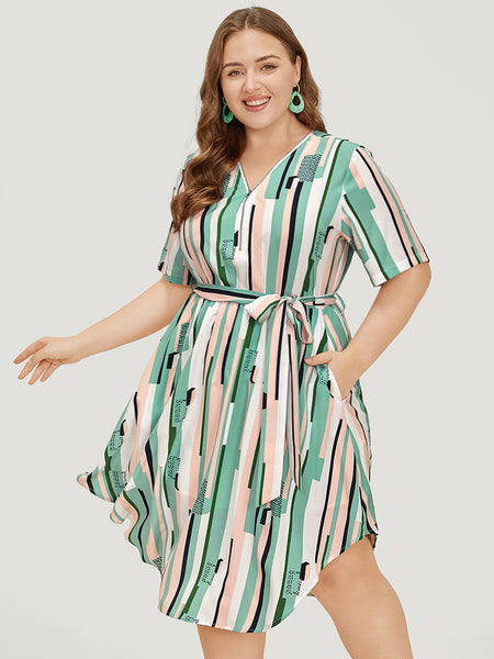 Geometric Print Belted Pocketed Dress