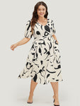Flutter Puff Sleeves Sleeves Geometric Print Belted Pocketed Dress