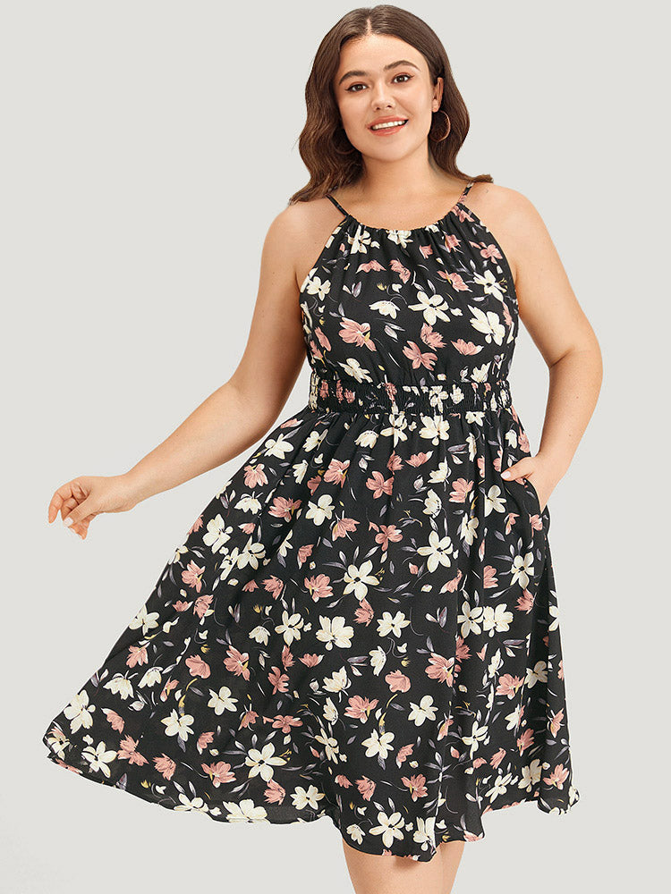 

Plus Size Women Dailywear Ditsy Floral Knotted Sleeveless Sleeveless Cold Shoulder Pocket Elegant Dresses BloomChic, Black flower