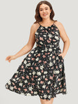 Pocketed Shirred Halter Floral Print Dress With Ruffles