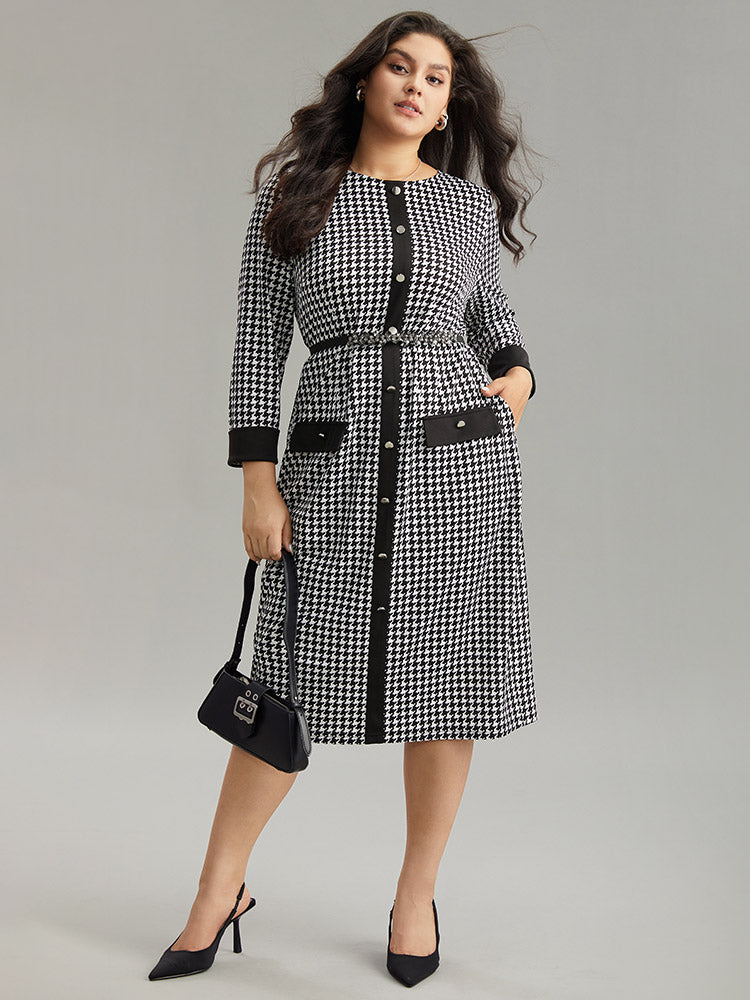 

Plus Size Women Work Houndstooth Contrast Regular Sleeve Long Sleeve Round Neck Pocket Office Dresses BloomChic, Black