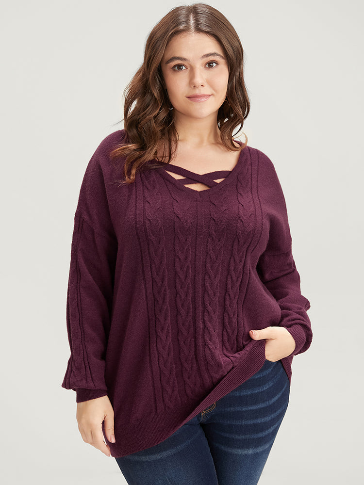 

Soft Pointelle Knit Crisscoss Neck Cable Knit Top BloomChic, Burgundy