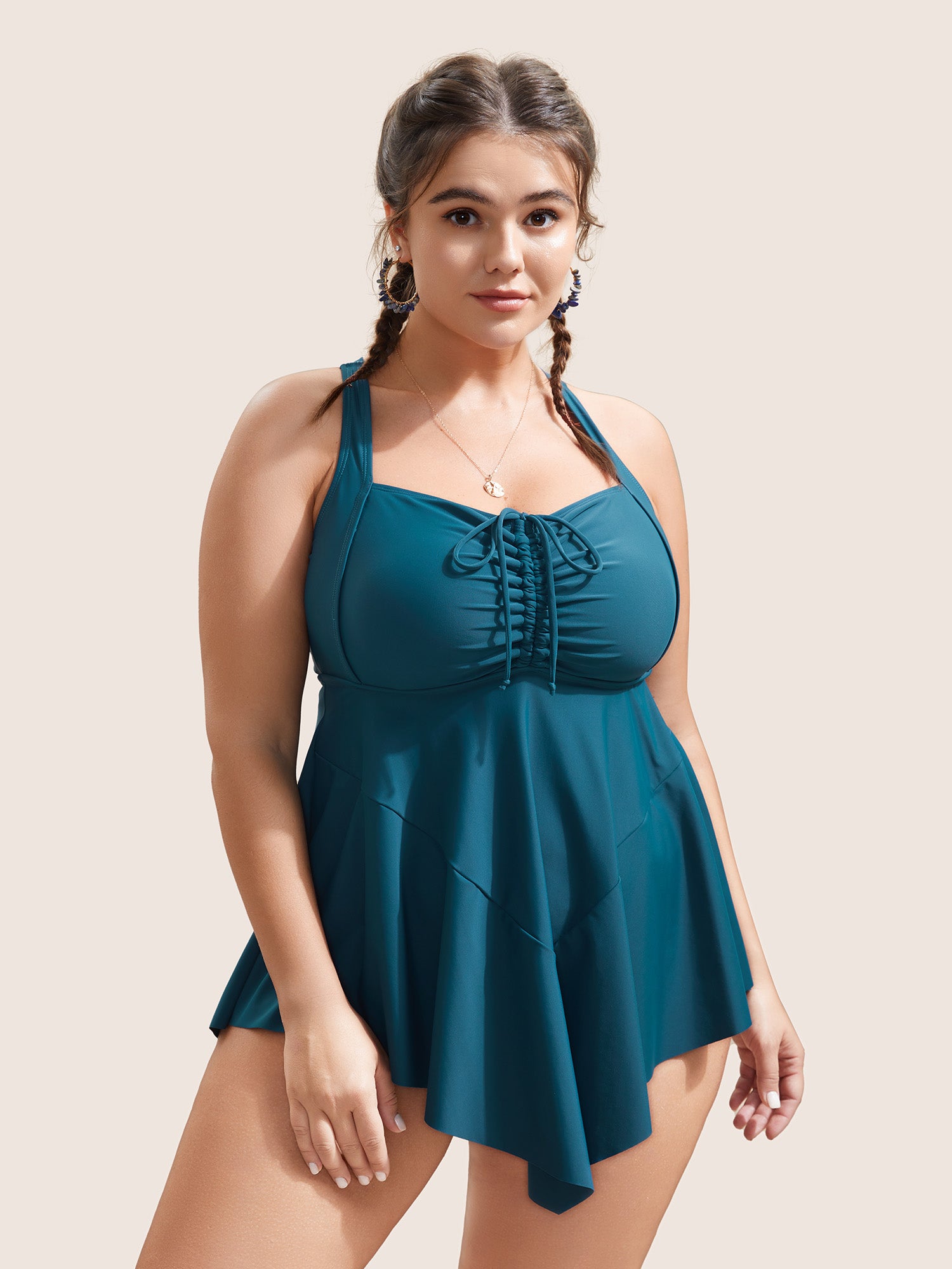 

Plain Gathered Adjustable Straps Drawstring Swim Dress, Teal