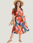Colour Geometric Contrast Shirred Ruffles Elastic Waist Dress