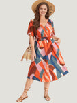 Elasticized Waistline Geometric Print Shirred Dress With Ruffles