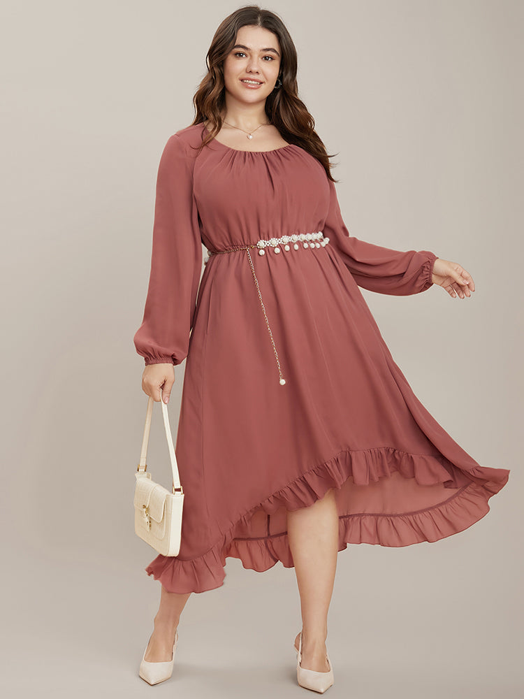 

Plus Size Women Dailywear Plain Ruffles Lantern Sleeve Long Sleeve Round Neck Pocket Elegance Dresses BloomChic, Rouge