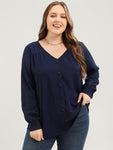 Solid Button Detail Gathered V Neck Blouse