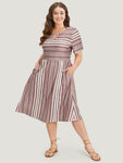 Keyhole Pocketed Striped Print Elasticized Waistline Dress