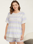 Striped & Letter Print Pocket Contrast Sleep Top