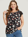 Floral Printed Lace Cap Sleeve Blouse